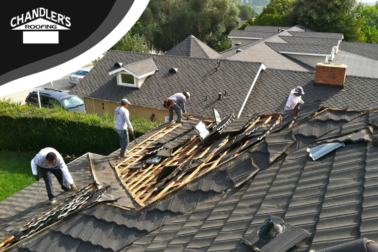 Damaged roof in Gardena undergoing professional repair after a severe storm.
