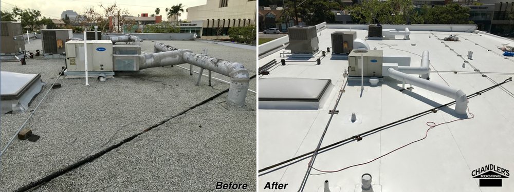 Leading roofers in El Segundo show off cutting-edge commercial roofing materials in a "before" and "after" shot.