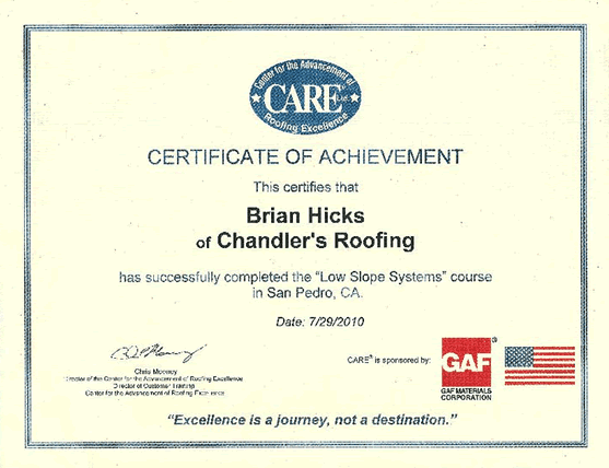 Chandlers Roofing - CARE Certficate of Achievement