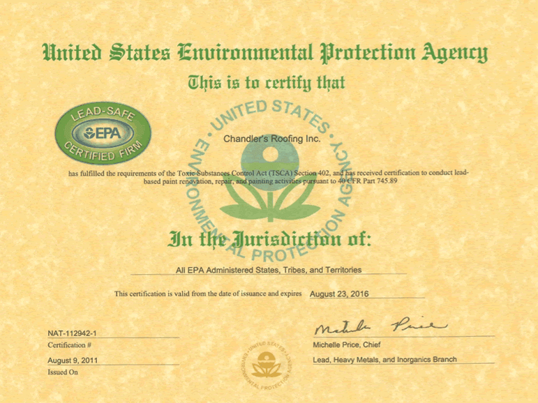 Chandlers Roofing - United States Environmental Protection Agency Lead-Safe Certified Firm Certificate